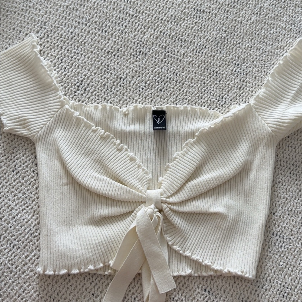Windsor Ivory Ribbed Tie-Front Blouse